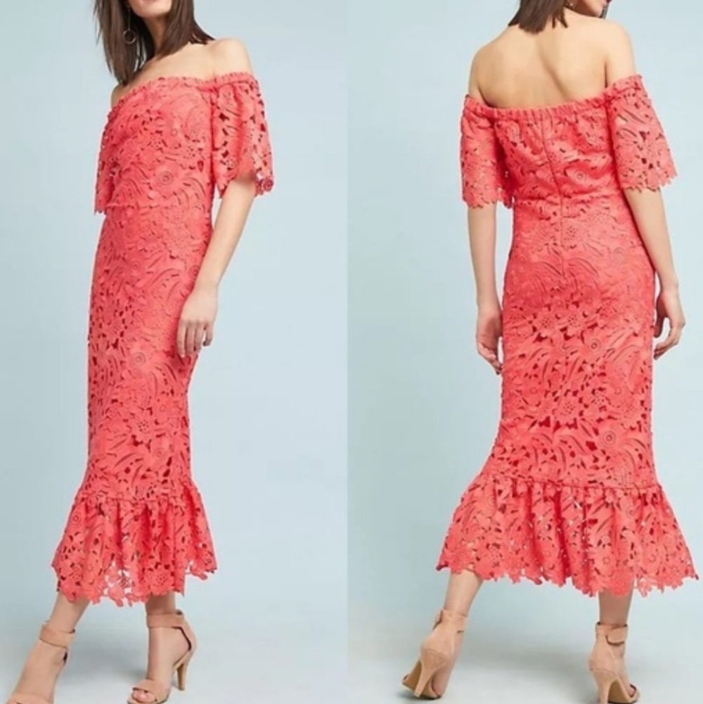 Shoshanna Coral Lace Off-Shoulder Dress